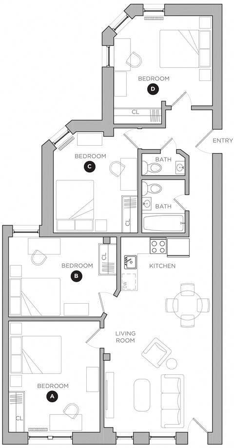 Floor plan for 4 beds, 1 bath, 398 sqft